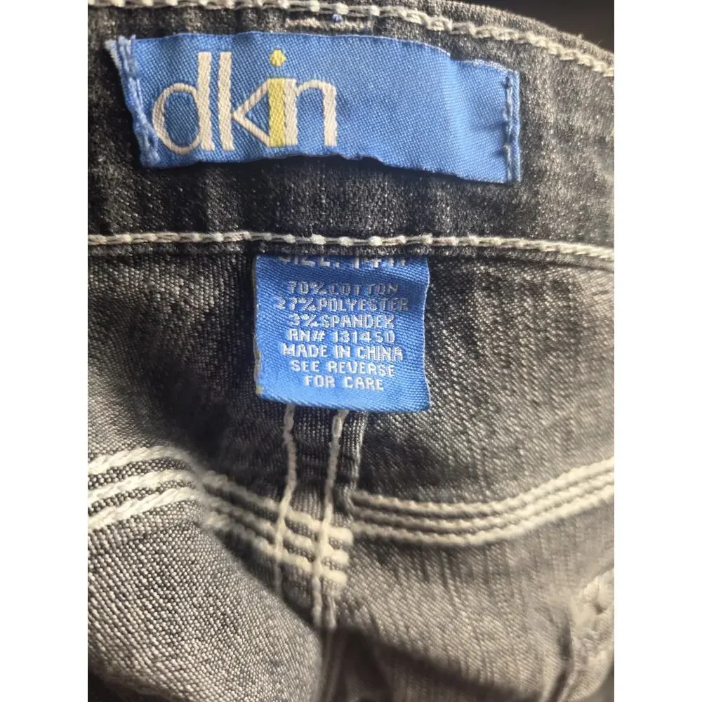 DKIN Womens 14 Black Denim Bermuda Shorts Rhinestone Studded Y2K Contrast Stitch